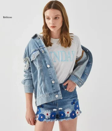 Embellished Denim Coat Bomber Jacket Vintage