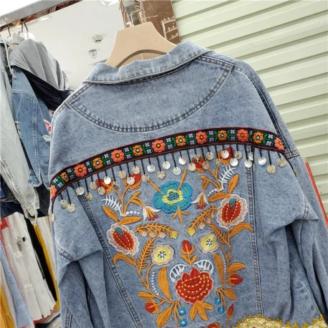 Vintage Flower Embroidery Denim Jacket - Image 3