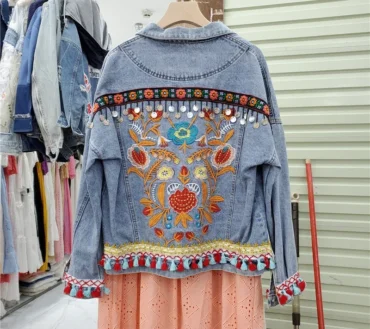 Boho Vintage Flower Embroidery Women Denim Jacket Sequin Tassel Frayed Burrs Jean Jacket Loose Casual Fashion