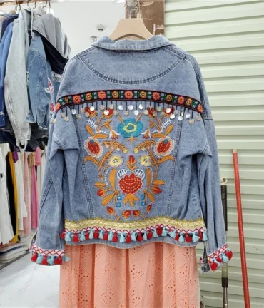 Boho Vintage Flower Embroidery Women Denim Jacket Sequin Tassel Frayed Burrs Jean Jacket Loose Casual Fashion