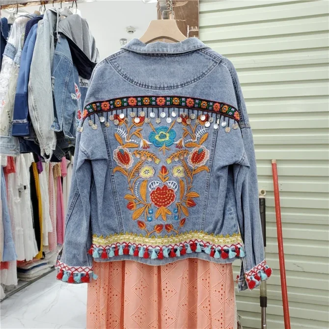 Boho Vintage Flower Embroidery Women Denim Jacket Sequin Tassel Frayed Burrs Jean Jacket Loose Casual Fashion