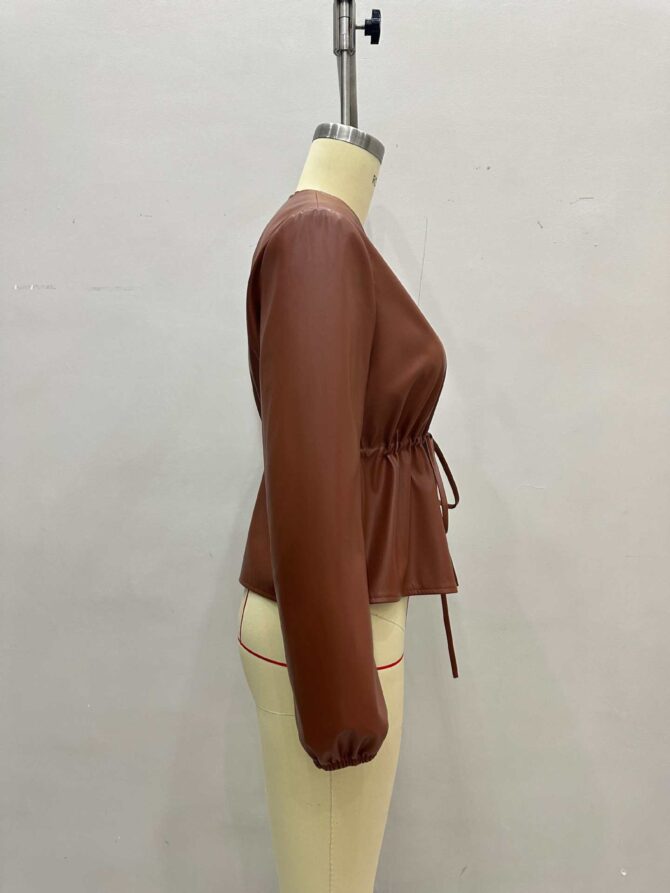 Drawstring Ruffle Leather Coat - Image 4