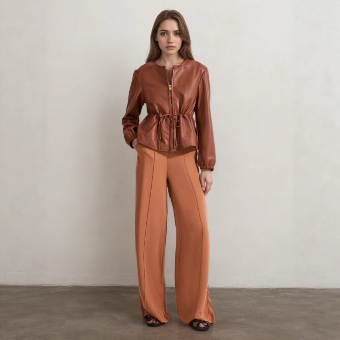 Drawstring Ruffle Leather Coat - Image 6
