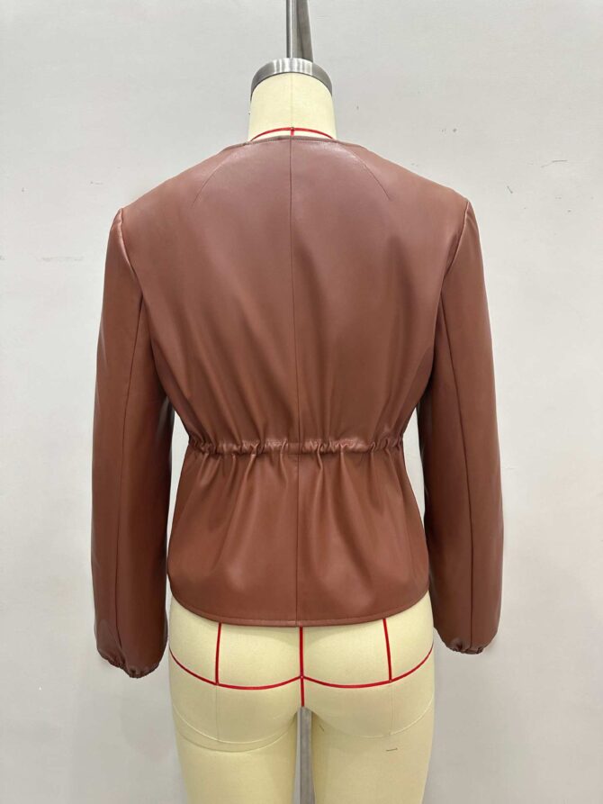 Drawstring Ruffle Leather Coat - Image 5