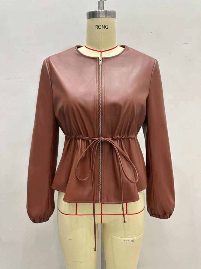 Drawstring Ruffle Leather Coat - Image 3