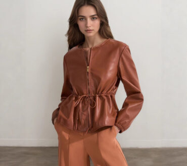 Round Neck Brown Tone Drawstring Ruffle Waist Slimming Design Short Long Sleeve Leather Coat
