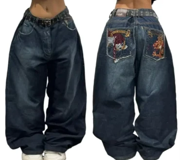Geometric Pattern Embroidered Baggy Jeans Women Y2K Harajuku Vintage Hip-hop Popular Casual Wide-leg Pants