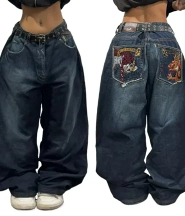 Geometric Pattern Embroidered Baggy Jeans Women Y2K Harajuku Vintage Hip-hop Popular Casual Wide-leg Pants