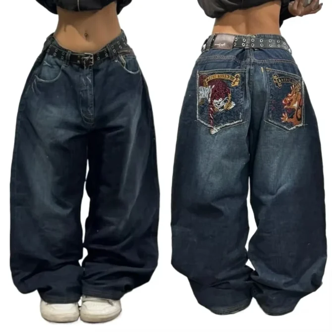 Geometric Pattern Embroidered Baggy Jeans Women Y2K Harajuku Vintage Hip-hop Popular Casual Wide-leg Pants