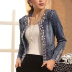 Fashion Women Denim Jacket Slim Zipper Casual Short Sequins Outerwear Ladies Vintage Biker Crystal Chaqueta Mujer