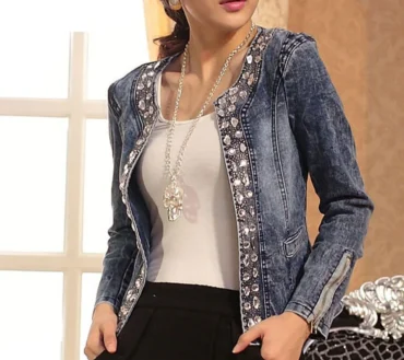 Fashion Women Denim Jacket Slim Zipper Casual Short Sequins Outerwear Ladies Vintage Biker Crystal Chaqueta Mujer