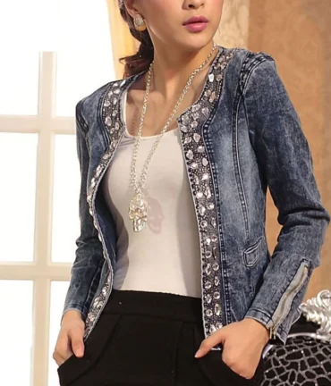 Fashion Women Denim Jacket Slim Zipper Casual Short Sequins Outerwear Ladies Vintage Biker Crystal Chaqueta Mujer