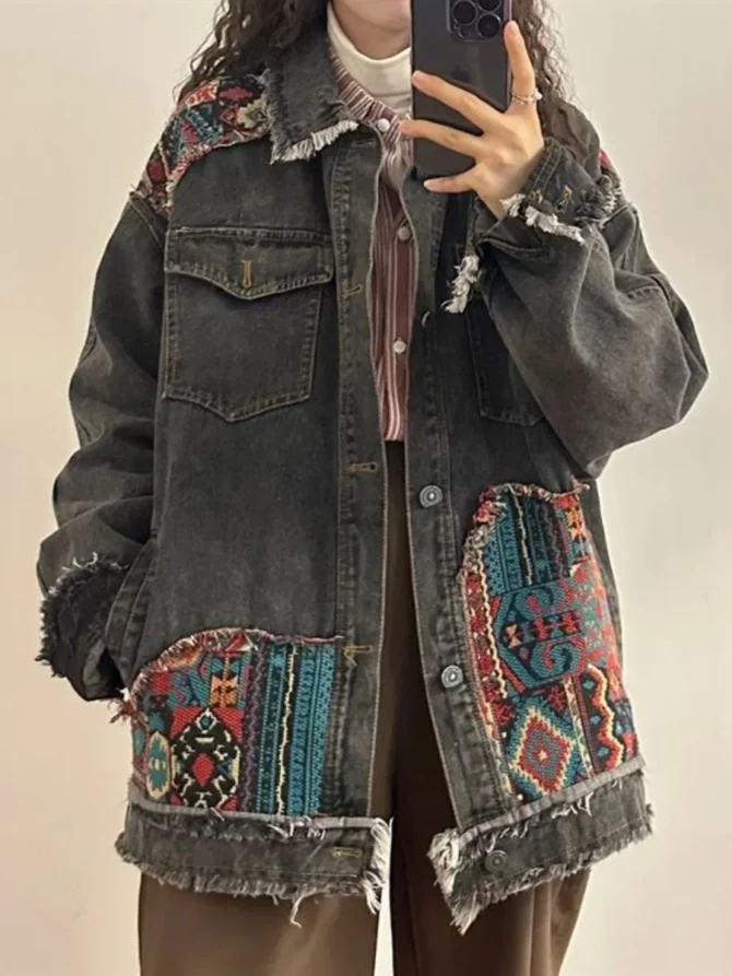 Vintage Boho Embroidery Denim Jacket - Image 2