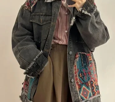 Vintage Boho Embroidery Denim Jacket Long Sleeve Casual Loose Trend Folk-custom Stitching Raw Edge Jeans Coat