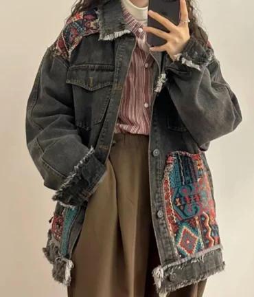 Vintage Boho Embroidery Denim Jacket Long Sleeve Casual Loose Trend Folk-custom Stitching Raw Edge Jeans Coat