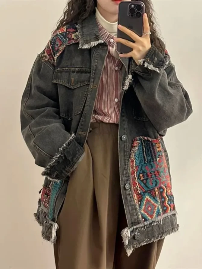 Vintage Boho Embroidery Denim Jacket Long Sleeve Casual Loose Trend Folk-custom Stitching Raw Edge Jeans Coat