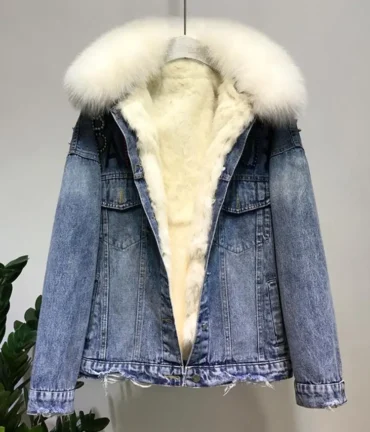 Fox Fur Coat + Real Rabbit Hair Liner Denim Jacket