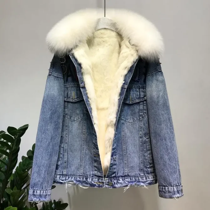Fox Fur Coat + Real Rabbit Hair Liner Denim Jacket - Image 2