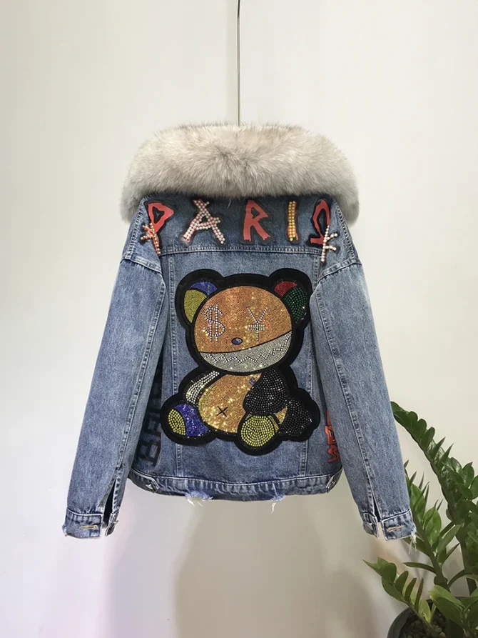 Fox Fur Coat + Real Rabbit Hair Liner Denim Jacket - Image 3