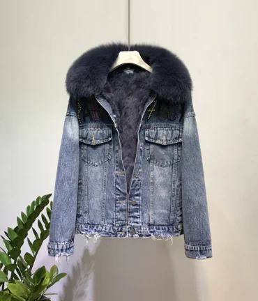 Fox Fur Coat + Real Rabbit Hair Liner Denim Jacket