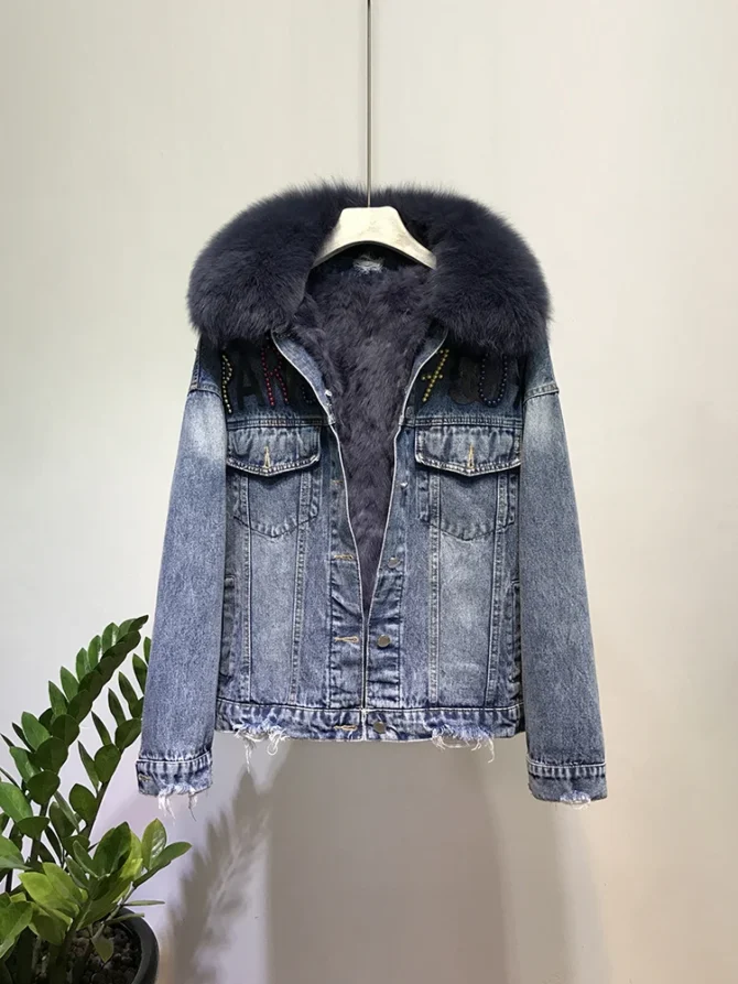 Fox Fur Coat + Real Rabbit Hair Liner Denim Jacket - Image 4