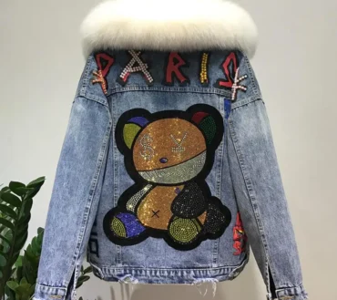 Denim Natural Fox Fur Coat + Real Rabbit Hair Liner Denim Jacket Female Sequined Beading Thick Fur Outwear