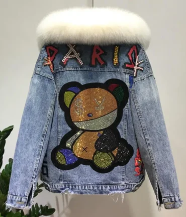 Denim Natural Fox Fur Coat + Real Rabbit Hair Liner Denim Jacket Female Sequined Beading Thick Fur Outwear