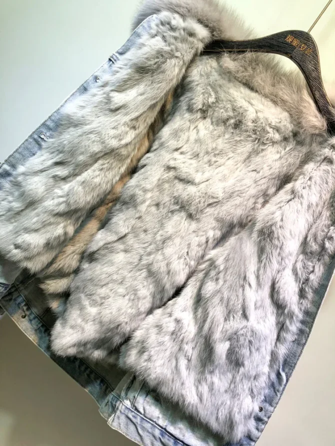 Fox Fur Coat + Real Rabbit Hair Liner Denim Jacket - Image 5