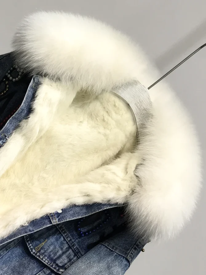 Fox Fur Coat + Real Rabbit Hair Liner Denim Jacket - Image 6