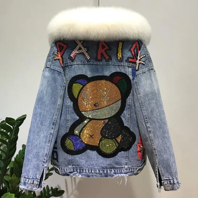 Denim Natural Fox Fur Coat + Real Rabbit Hair Liner Denim Jacket Female Sequined Beading Thick Fur Outwear