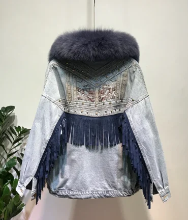 Fox Fur Coat + Real Rabbit Hair Liner Denim Jacket