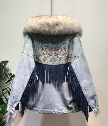 Fox Fur Coat + Real Rabbit Hair Liner Denim Jacket