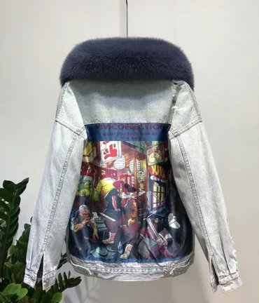 Fox Fur Coat + Real Rabbit Hair Liner Denim Jacket