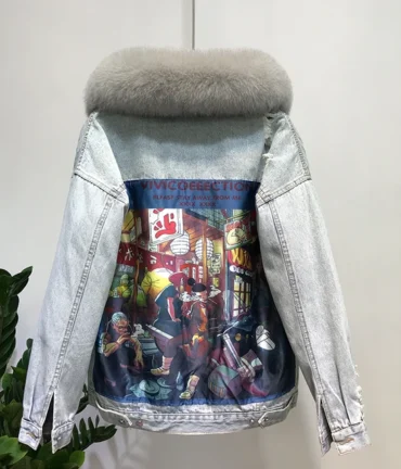 Fox Fur Coat + Real Rabbit Hair Liner Denim Jacket