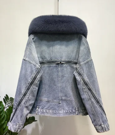 Fox Fur Coat + Real Rabbit Hair Liner Denim Jacket
