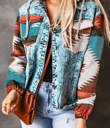 Aztec Frayed Hem Denim Jacket