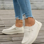 White Solid Ribbed Criss Cross Slip On Casual Shoes