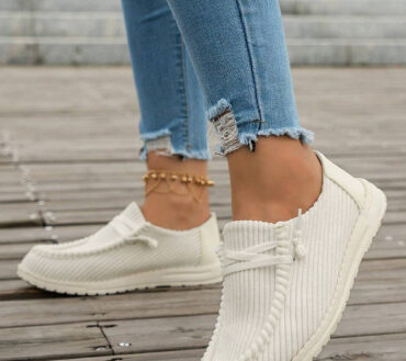 White Solid Ribbed Criss Cross Slip On Casual Shoes