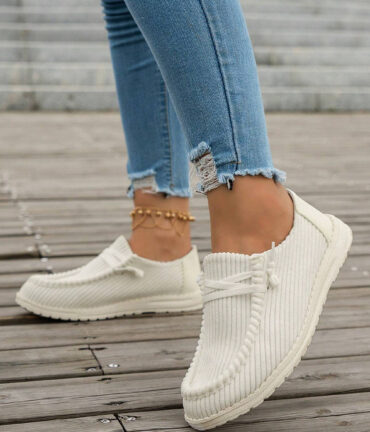 White Solid Ribbed Criss Cross Slip On Casual Shoes