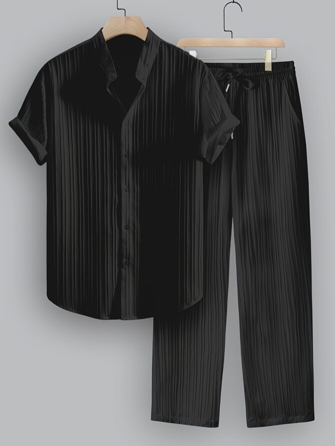 2-Piece Collar Shirt Drawstring Pants Casual Wear - Image 4