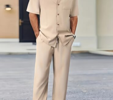 Chic Premium Men's 2 - Piece Set Button - Short - Sleeve Shirt Paired with Stylish Loose - Fit Pants Polyester Outdoor Gift