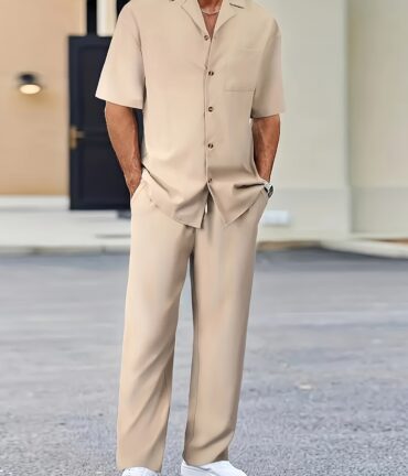 Chic Premium Men's 2 - Piece Set Button - Short - Sleeve Shirt Paired with Stylish Loose - Fit Pants Polyester Outdoor Gift