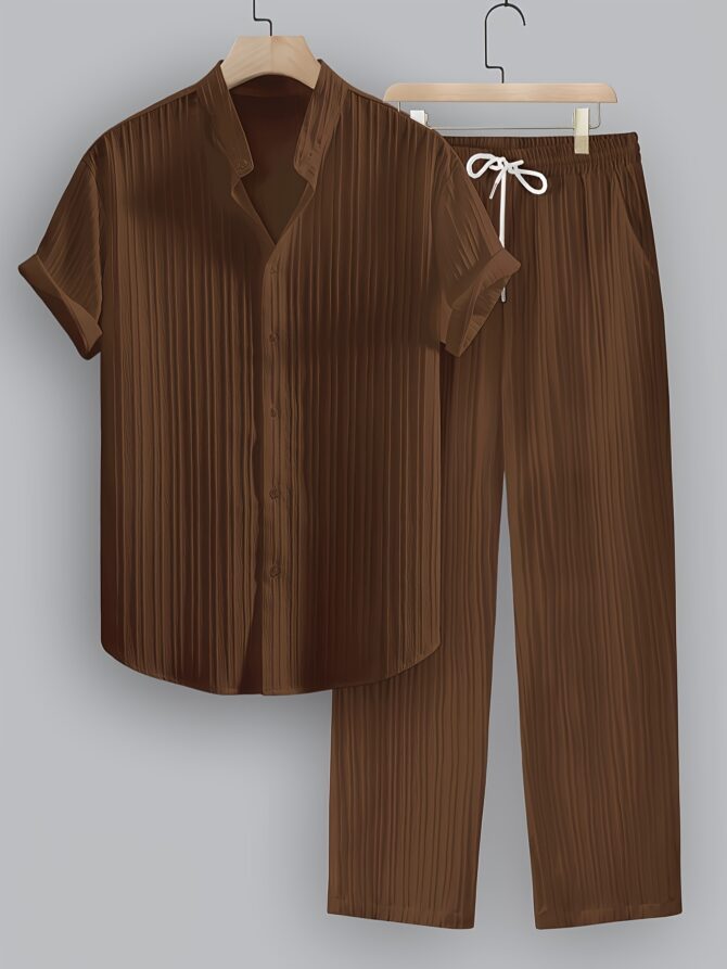 2-Piece Collar Shirt Drawstring Pants Casual Wear - Image 2