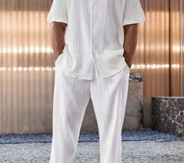 Men's Minimalist Style Short Sleeve Shirt And Pant Suits, Men's Casual Home Sets, Solid Color Minimalist Style Button-Up Shirt, Trendy Elastic Waistband Elastic Band And Side Pockets Tracksuits, for Vacation And Events