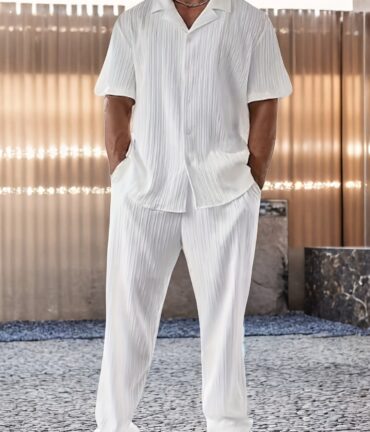 Men's Minimalist Style Short Sleeve Shirt And Pant Suits, Men's Casual Home Sets, Solid Color Minimalist Style Button-Up Shirt, Trendy Elastic Waistband Elastic Band And Side Pockets Tracksuits, for Vacation And Events