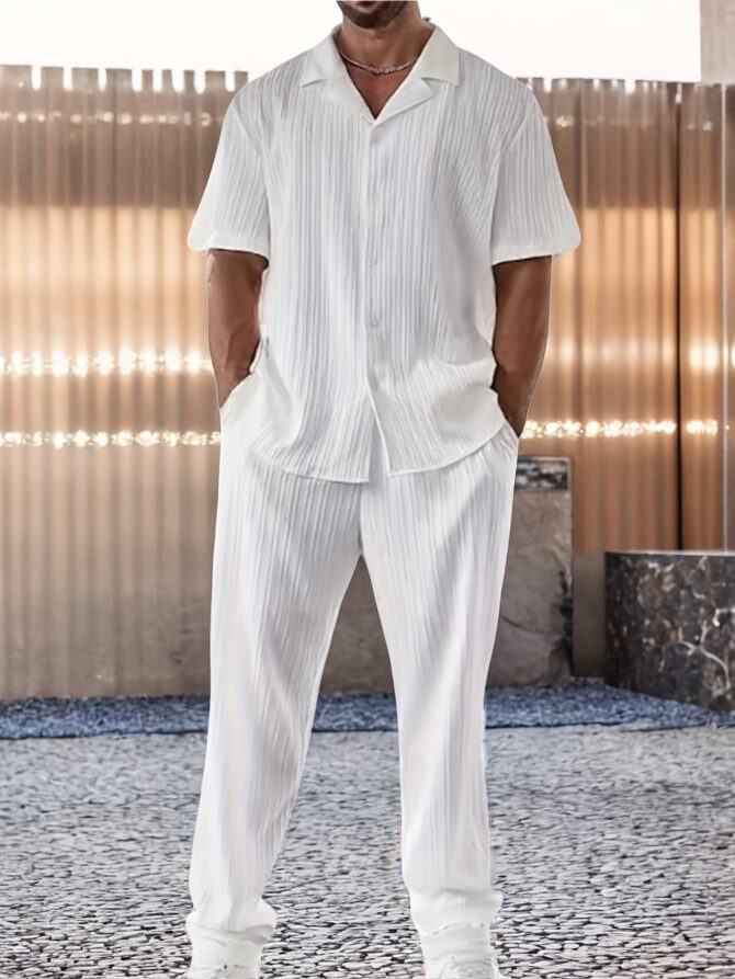 Men's Minimalist Style Short Sleeve Shirt And Pant Suits, Men's Casual Home Sets, Solid Color Minimalist Style Button-Up Shirt, Trendy Elastic Waistband Elastic Band And Side Pockets Tracksuits, for Vacation And Events