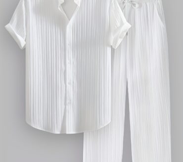 2-Piece Men's Striped Polyester Suit Short Sleeve Stand Collar Shirt and Drawstring Pants Non-Stretch Fabric Suitable for Casual Wear and Solid Color