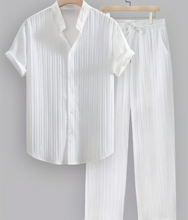 2-Piece Men's Striped Polyester Suit Short Sleeve Stand Collar Shirt and Drawstring Pants Non-Stretch Fabric Suitable for Casual Wear and Solid Color