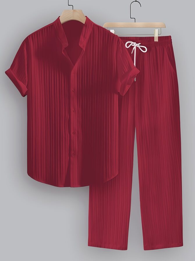 2-Piece Collar Shirt Drawstring Pants Casual Wear - Image 3