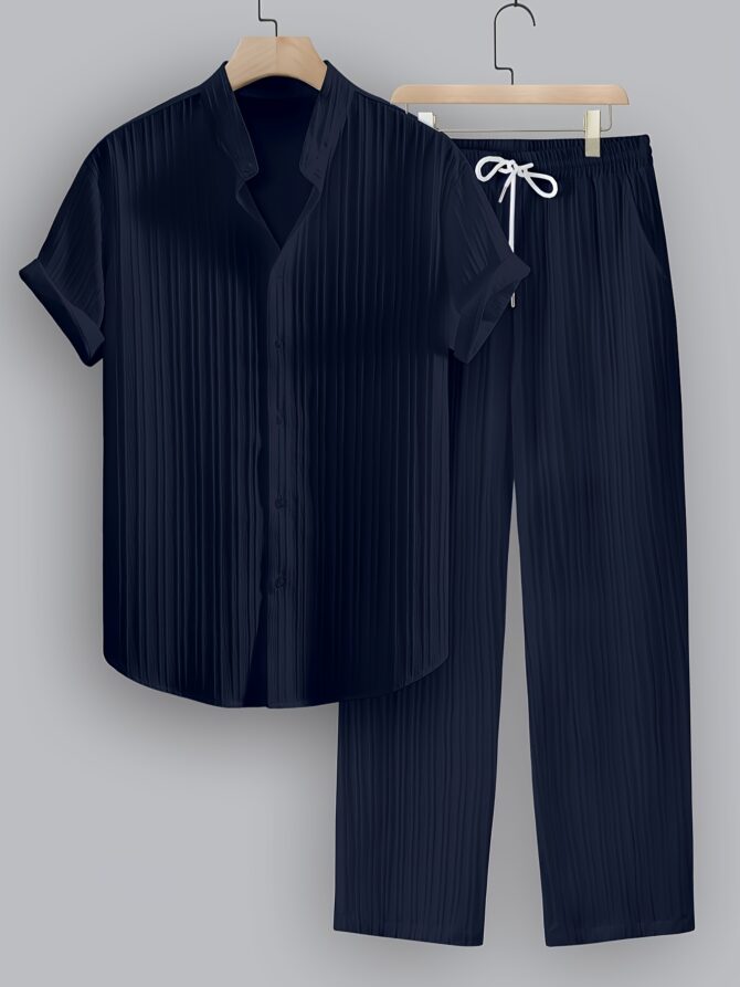 2-Piece Collar Shirt Drawstring Pants Casual Wear - Image 5